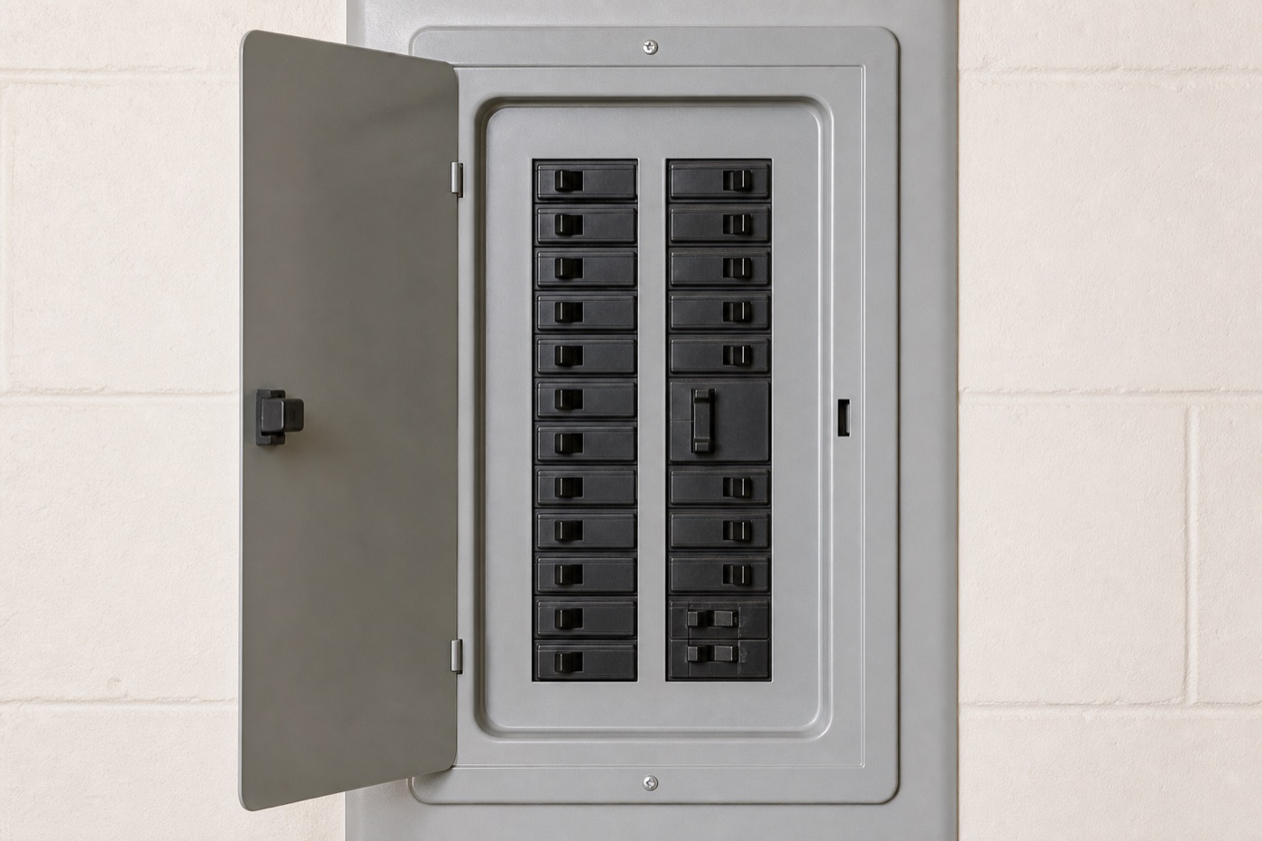 An open home breaker panel with two columns of breaker positions, a double-pole breaker, and a compact multi-handle breaker.