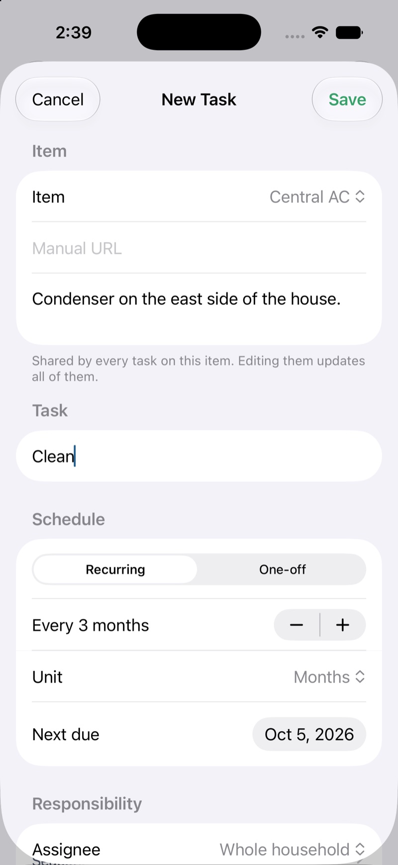 Tobi new-task screen: a cleaning task being added to the Central AC, set to repeat every 3 months for the whole household