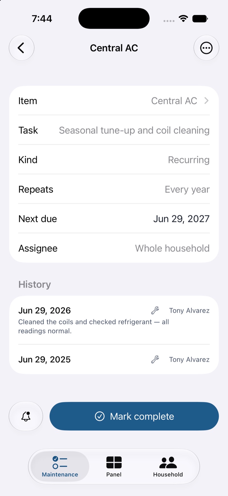 Tobi task screen for a Central AC seasonal tune-up, showing its schedule and a history of past completions by a contractor